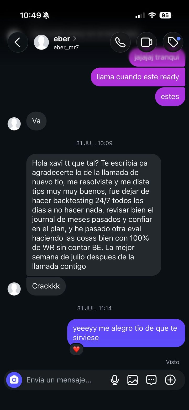Mensaje de un miembro agradeciendo la llamada y contando su mejor semana