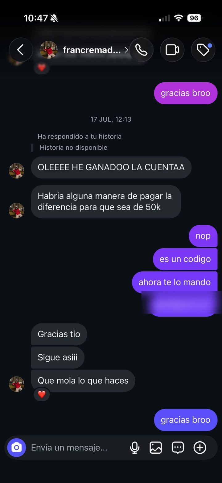 Mensaje de un miembro contando que ha ganado una cuenta