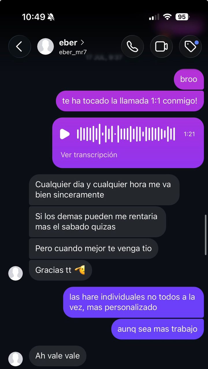 Mensaje de un miembro al que le ha tocado la llamada uno a uno