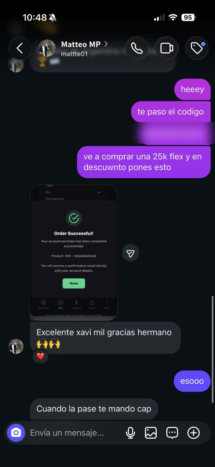 Mensaje de un miembro tras comprar su cuenta con el codigo